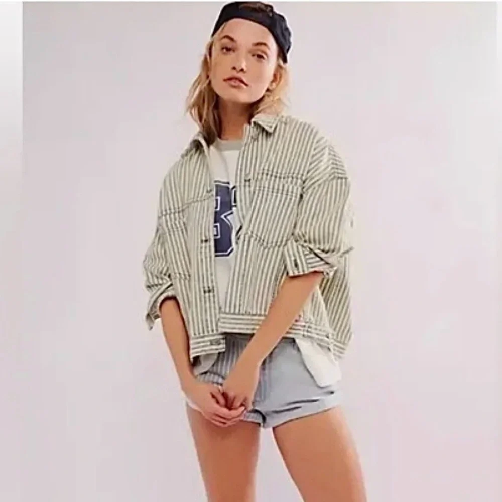 Free People We The Free Opal Swing Railroad Striped Denim Jacket Oversized Small - Picture 7 of 8